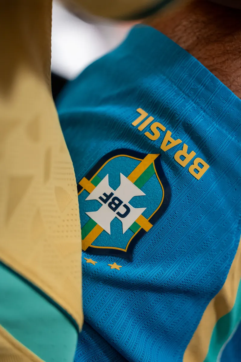 Close up of the CBF crest on the Nike Brazil kit