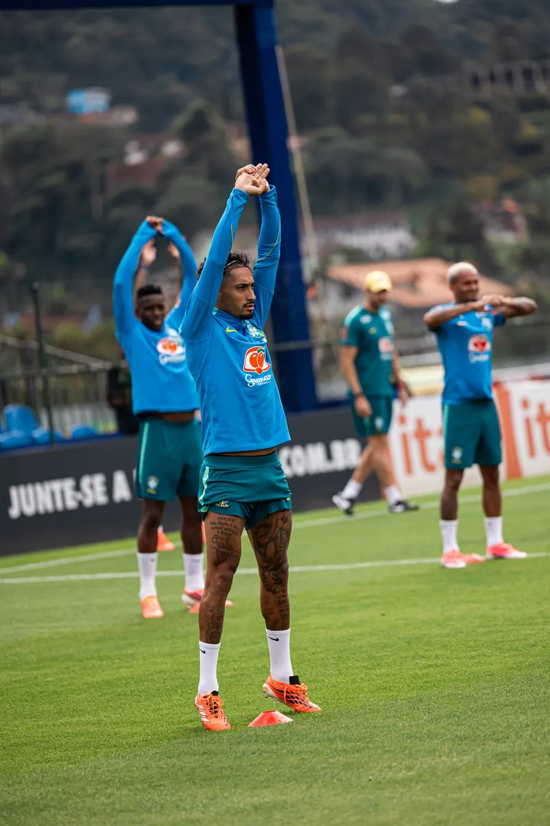 Brazil players stretching at training